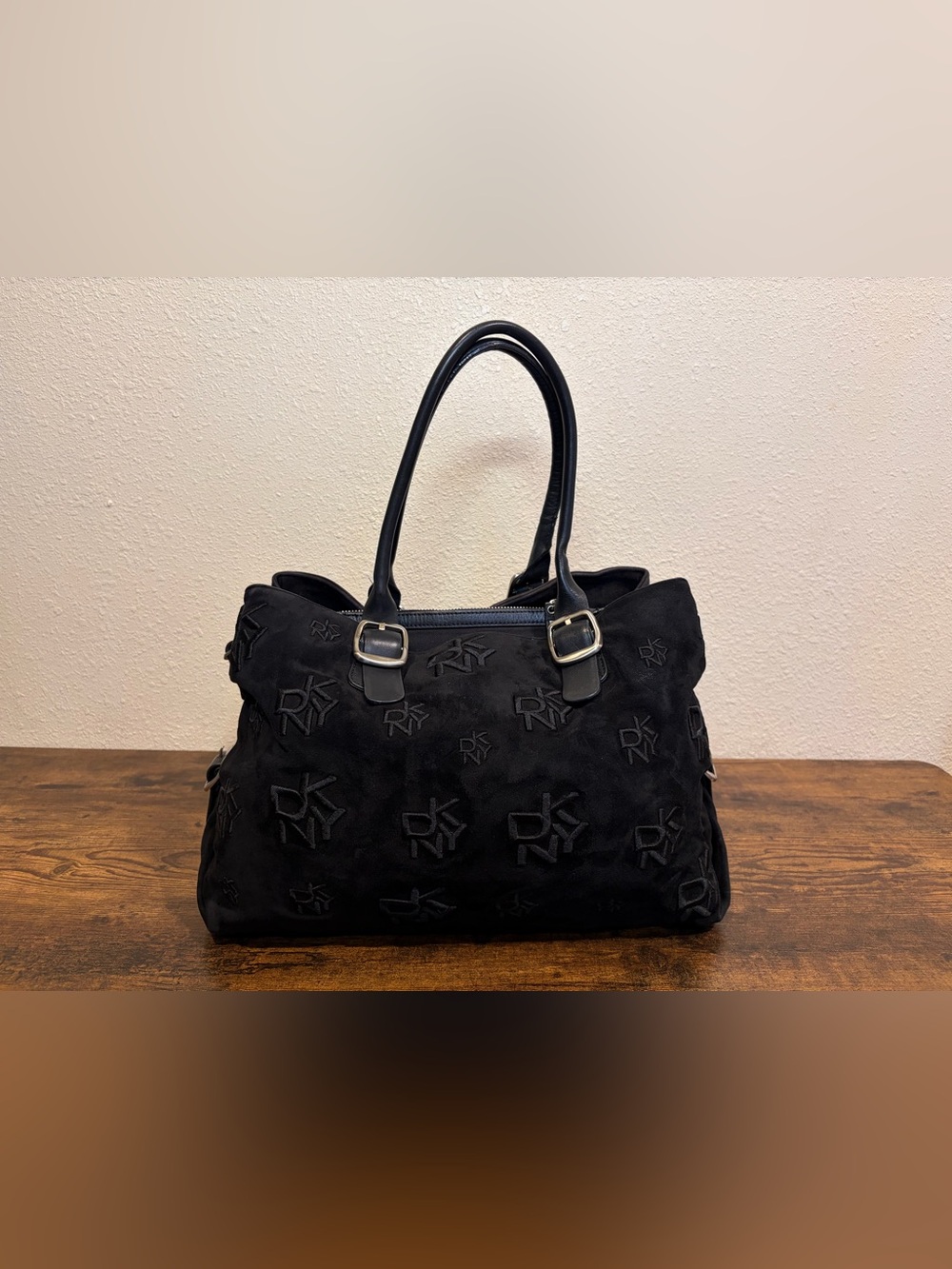 Vintage DKNY Black Suede Shoulder Bag Y2K Monogram Logo Embroidered Hobo Tote